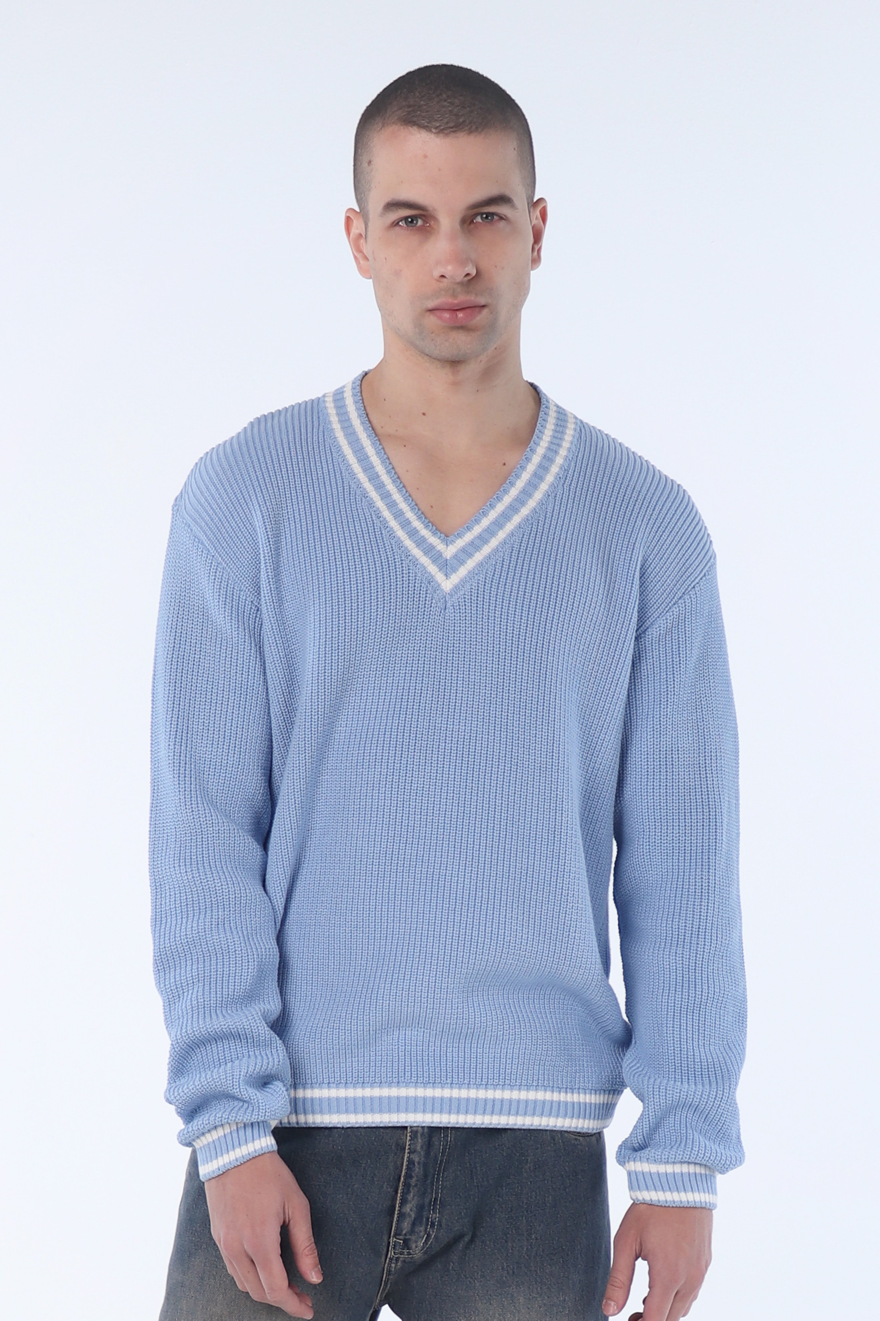 Blue Knitted Oversized V-neck Sweater