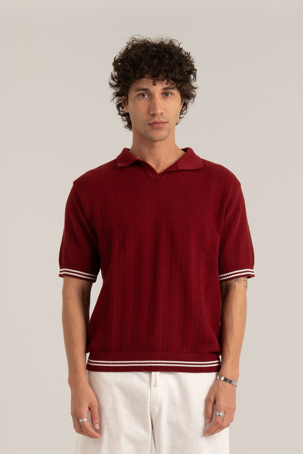 Burgundy Knitted Polo Shirt