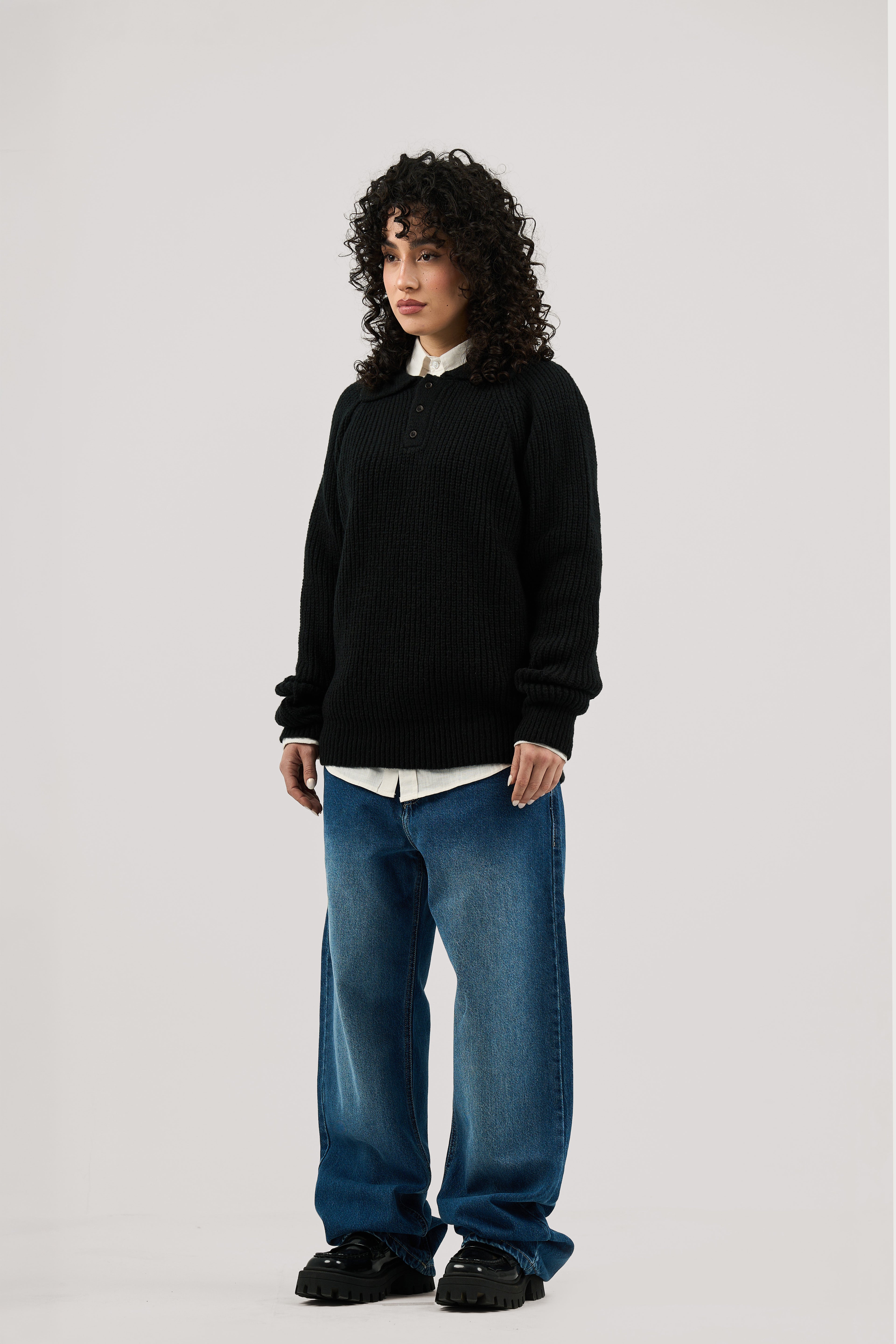 Black Ribbed Polo Knitted