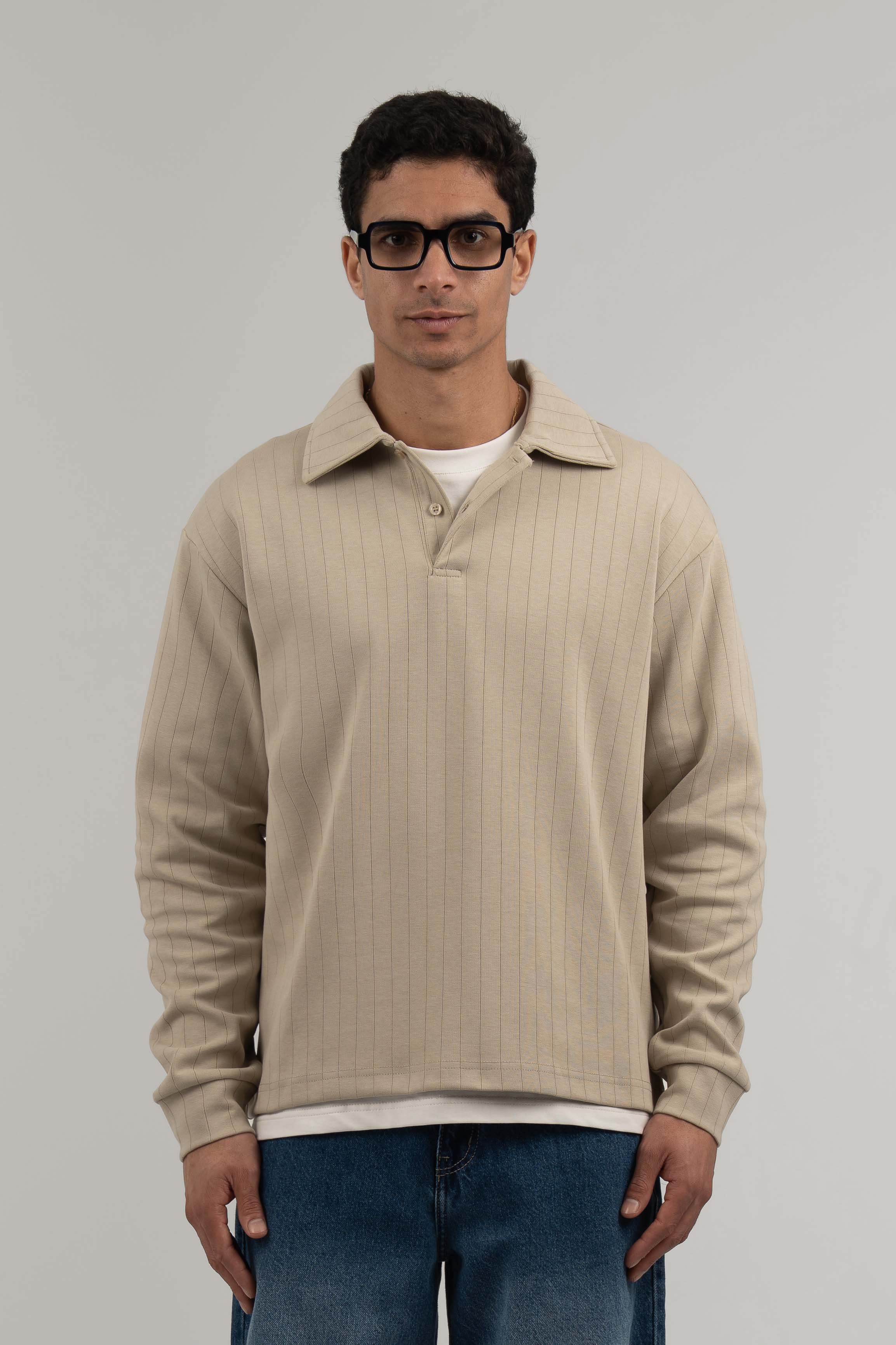 Beige Ribbed Polo Sweater