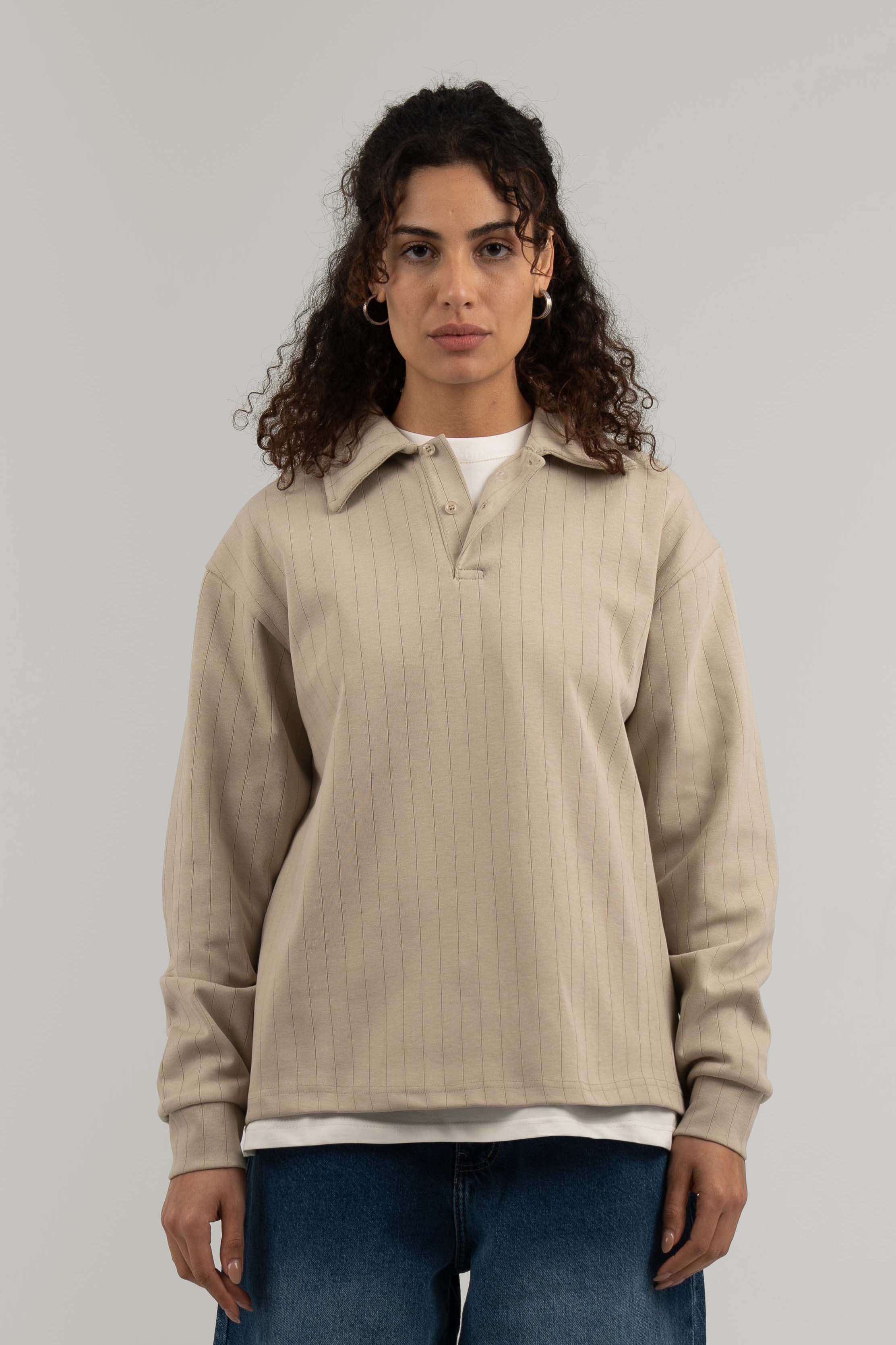 Beige Ribbed Polo Sweater