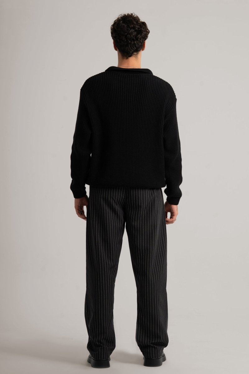 Black Pinstripe Wide Leg Trousers - Baynoire