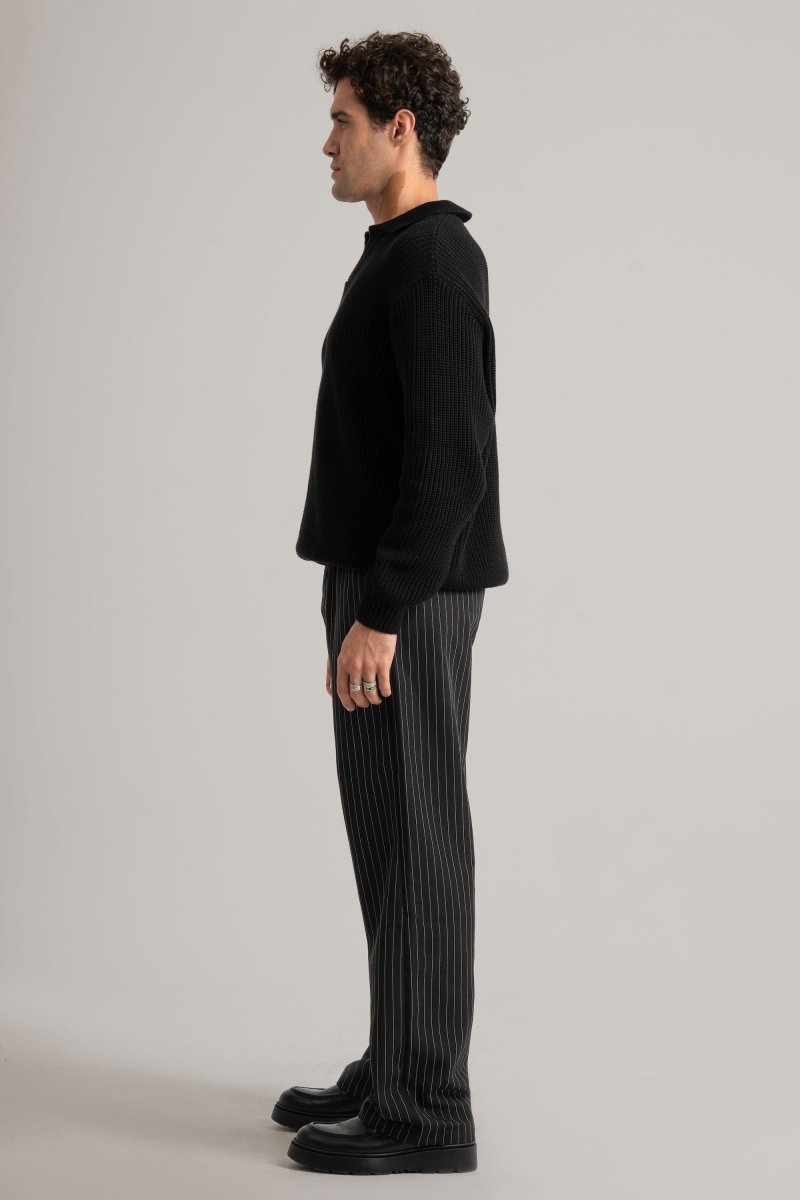 Black Pinstripe Wide Leg Trousers - Baynoire
