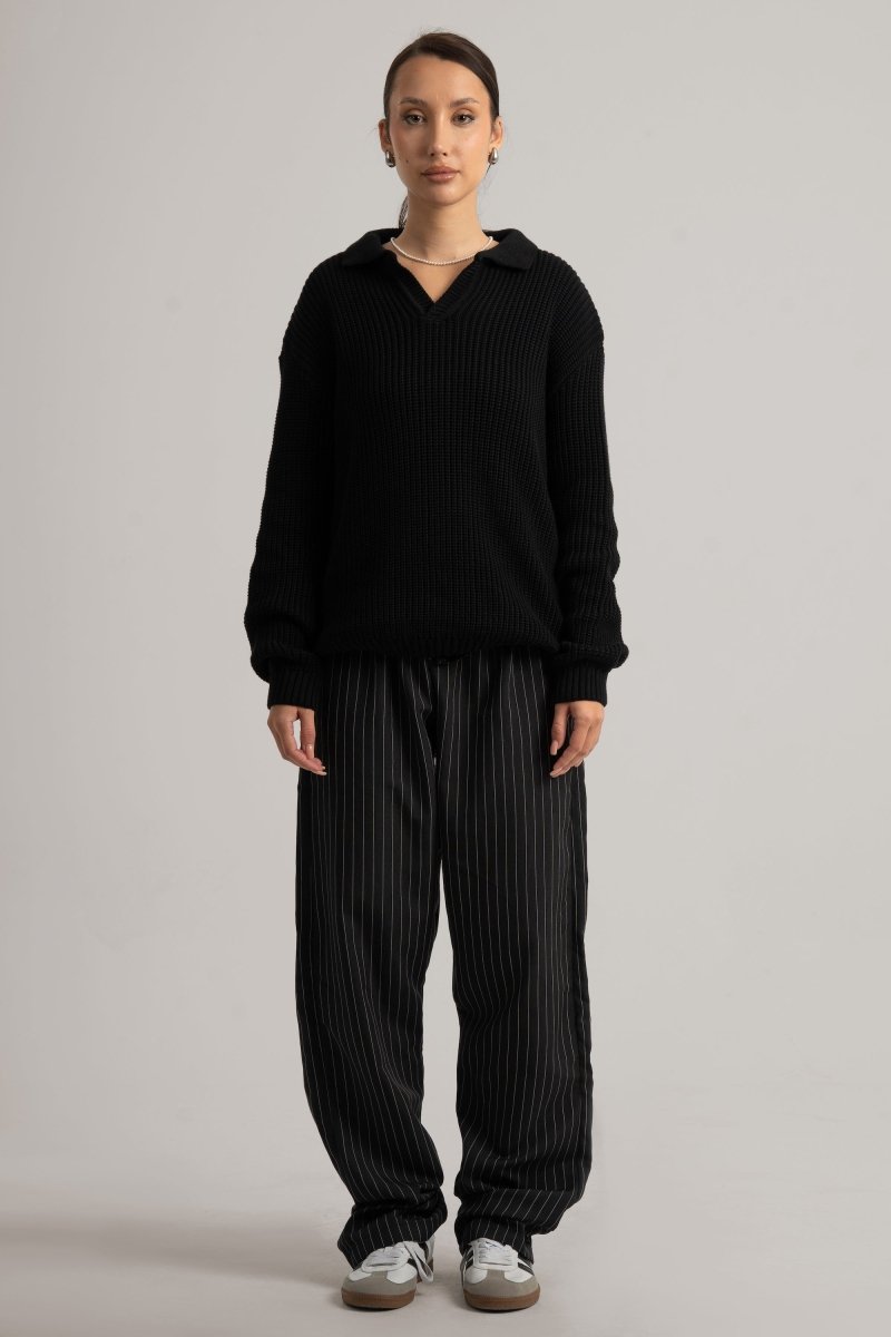 Black Pinstripe Wide Leg Trousers - Baynoire