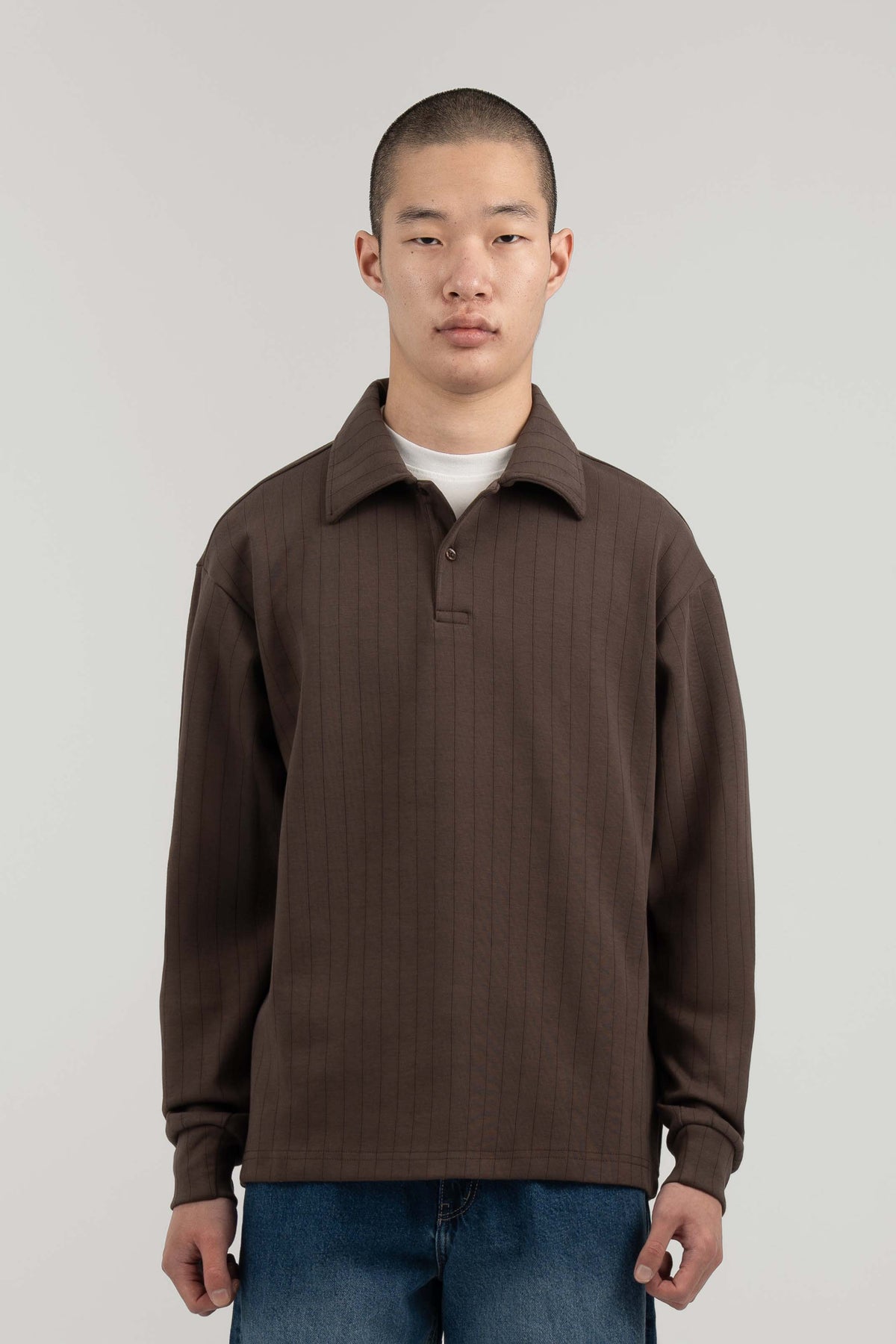 Brown Ribbed Polo Sweater