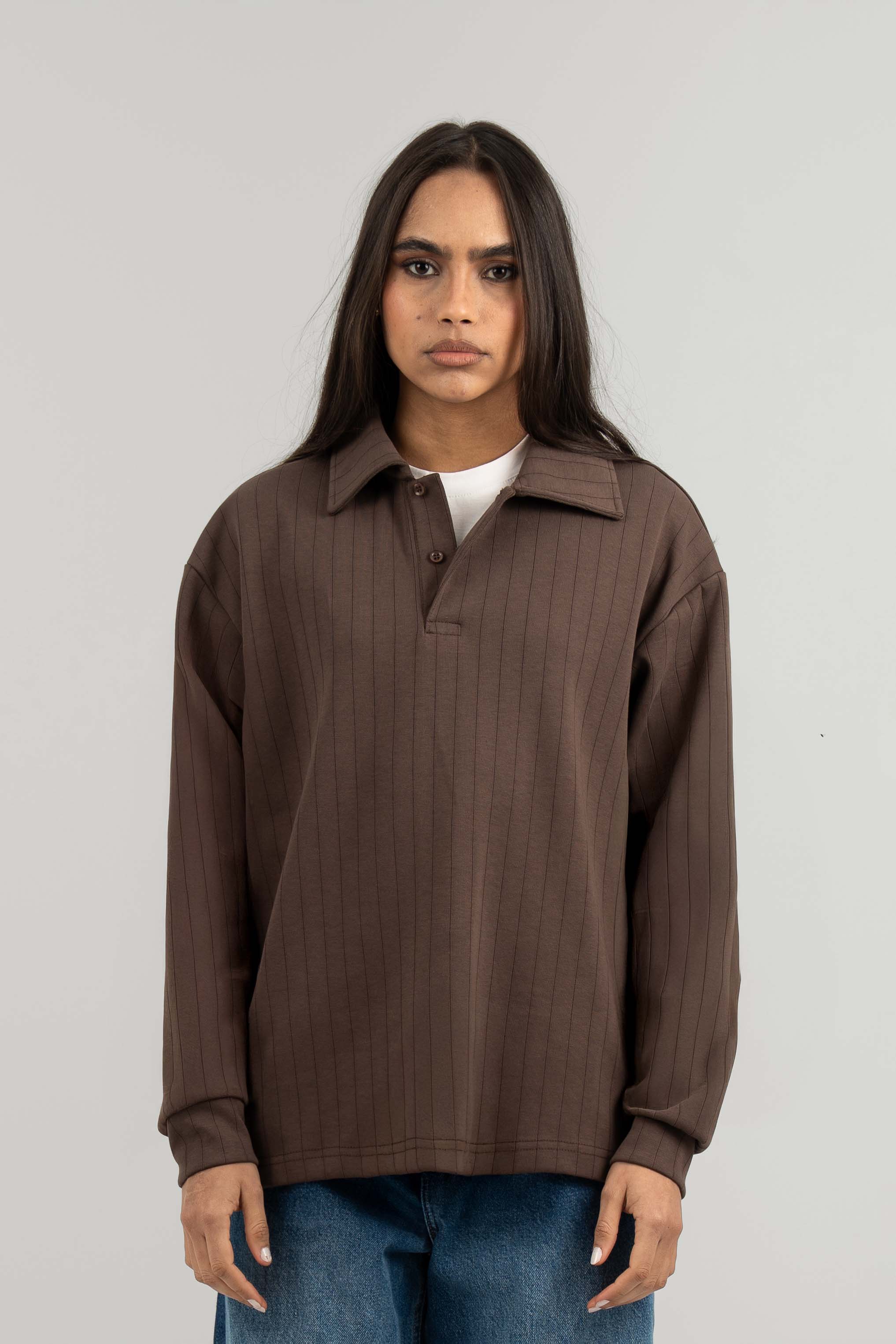 Brown Ribbed Polo Sweater
