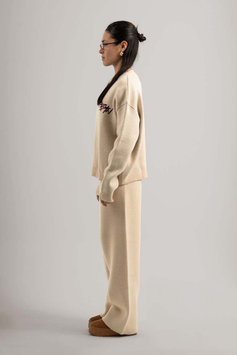 Cream Knitted BYN Emblem Pants - Baynoire