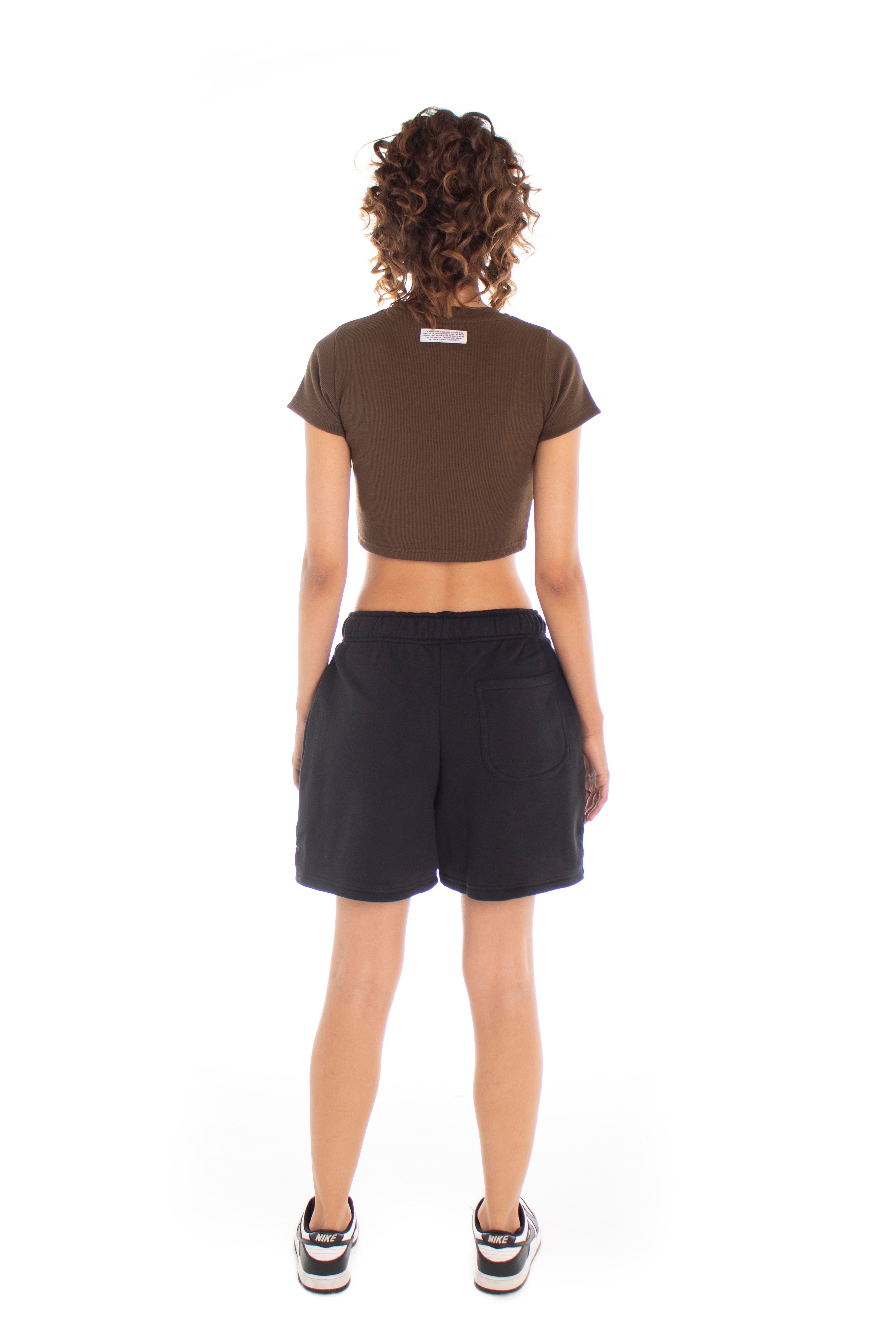 Brown Ribbed Cropped T-Shirt