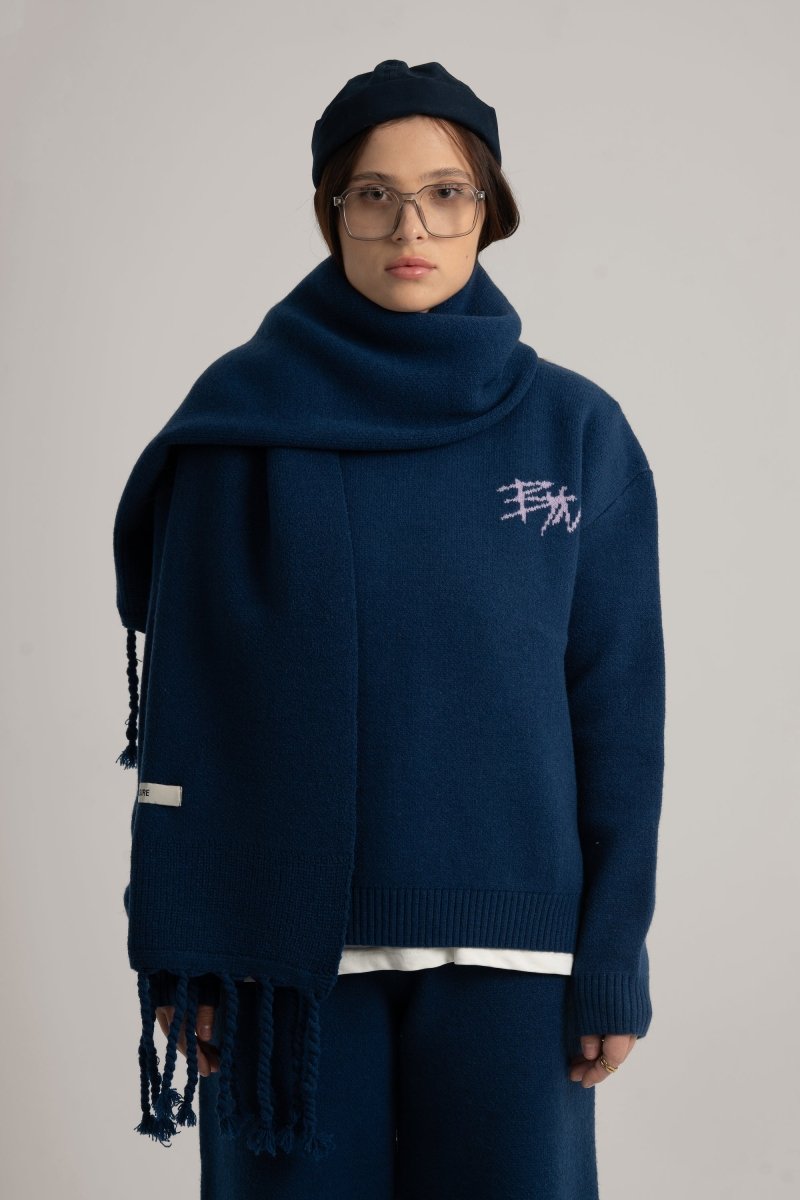 Navy Braided Wide Scarf - Baynoire