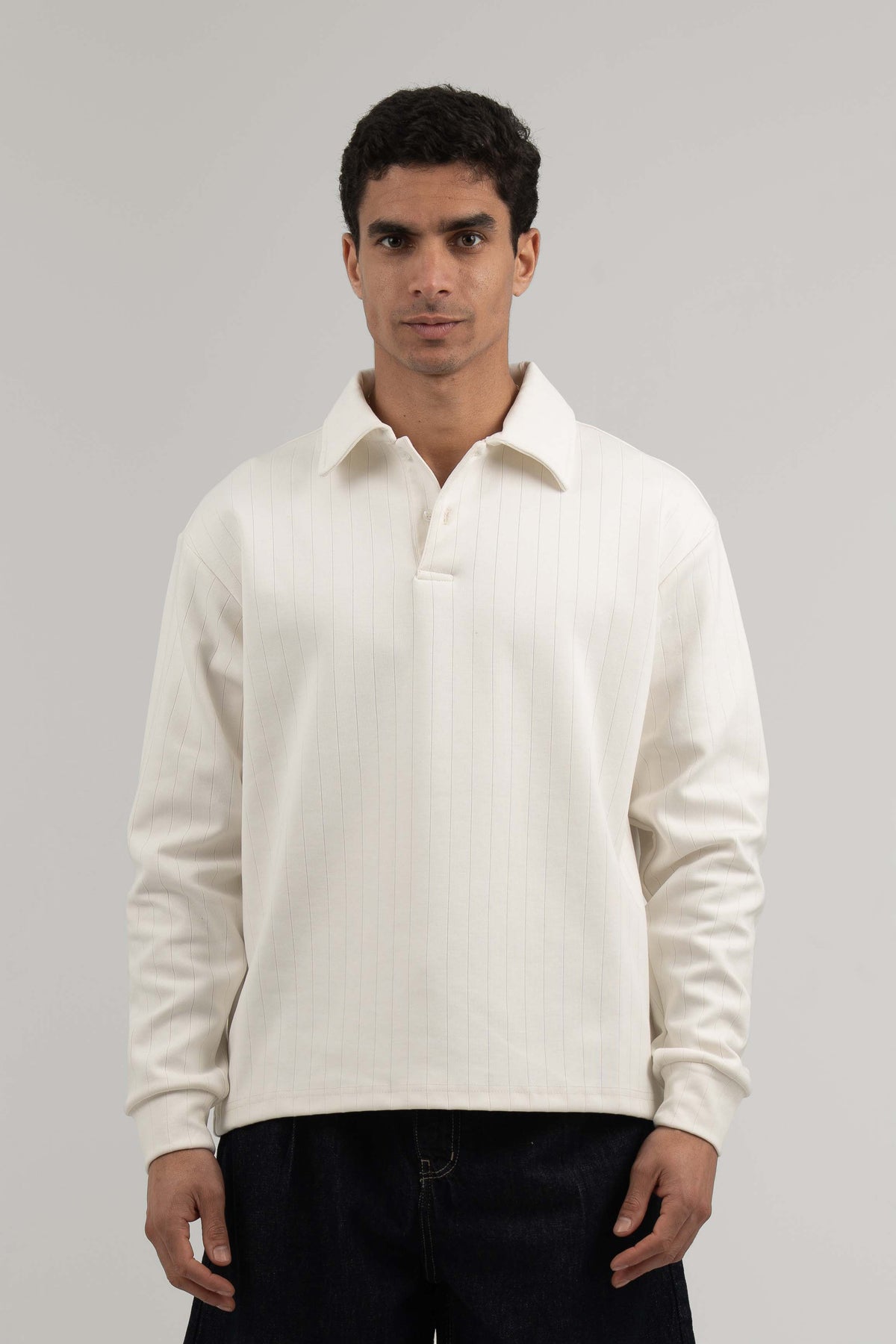 White Ribbed Polo Sweater