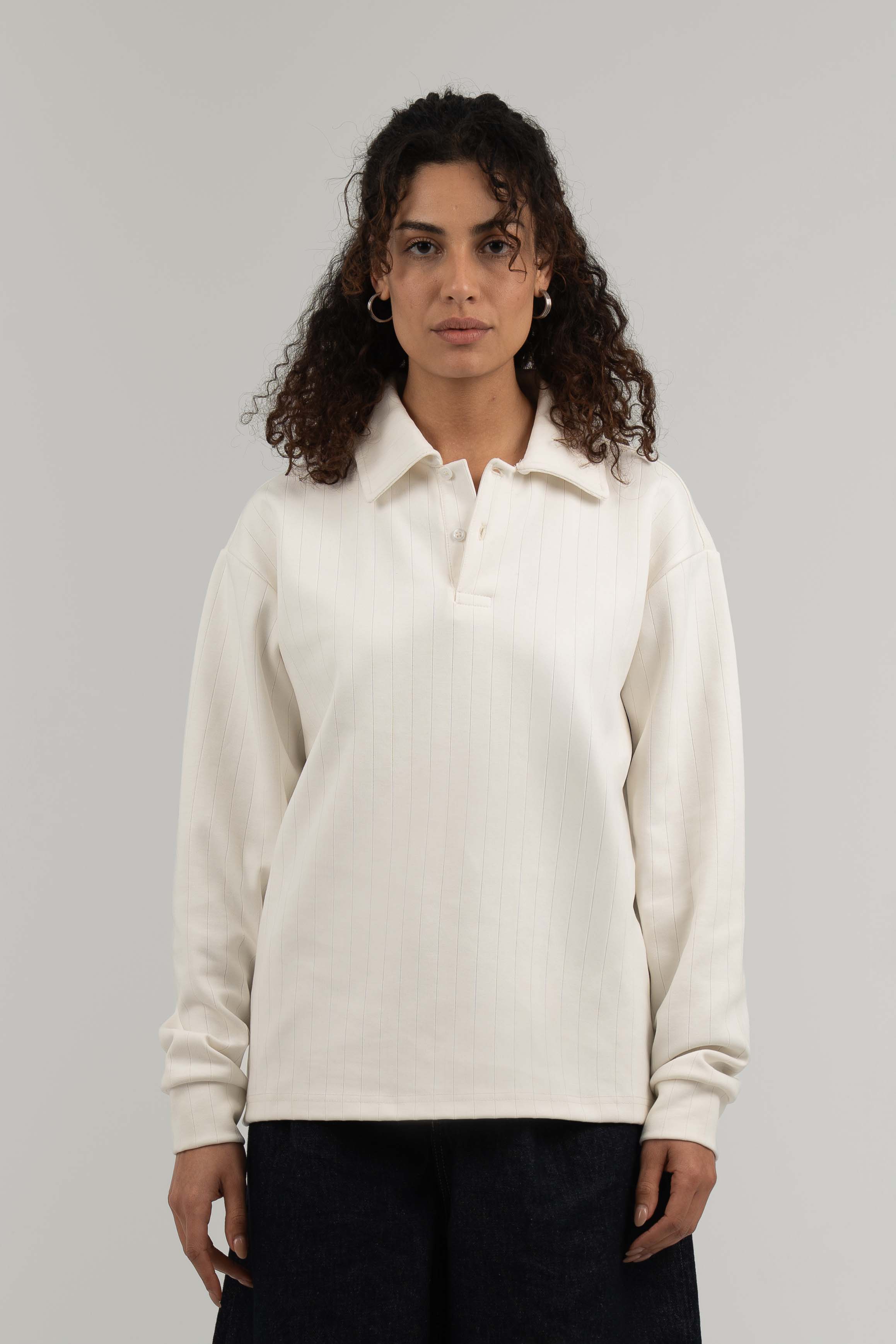 White Ribbed Polo Sweater